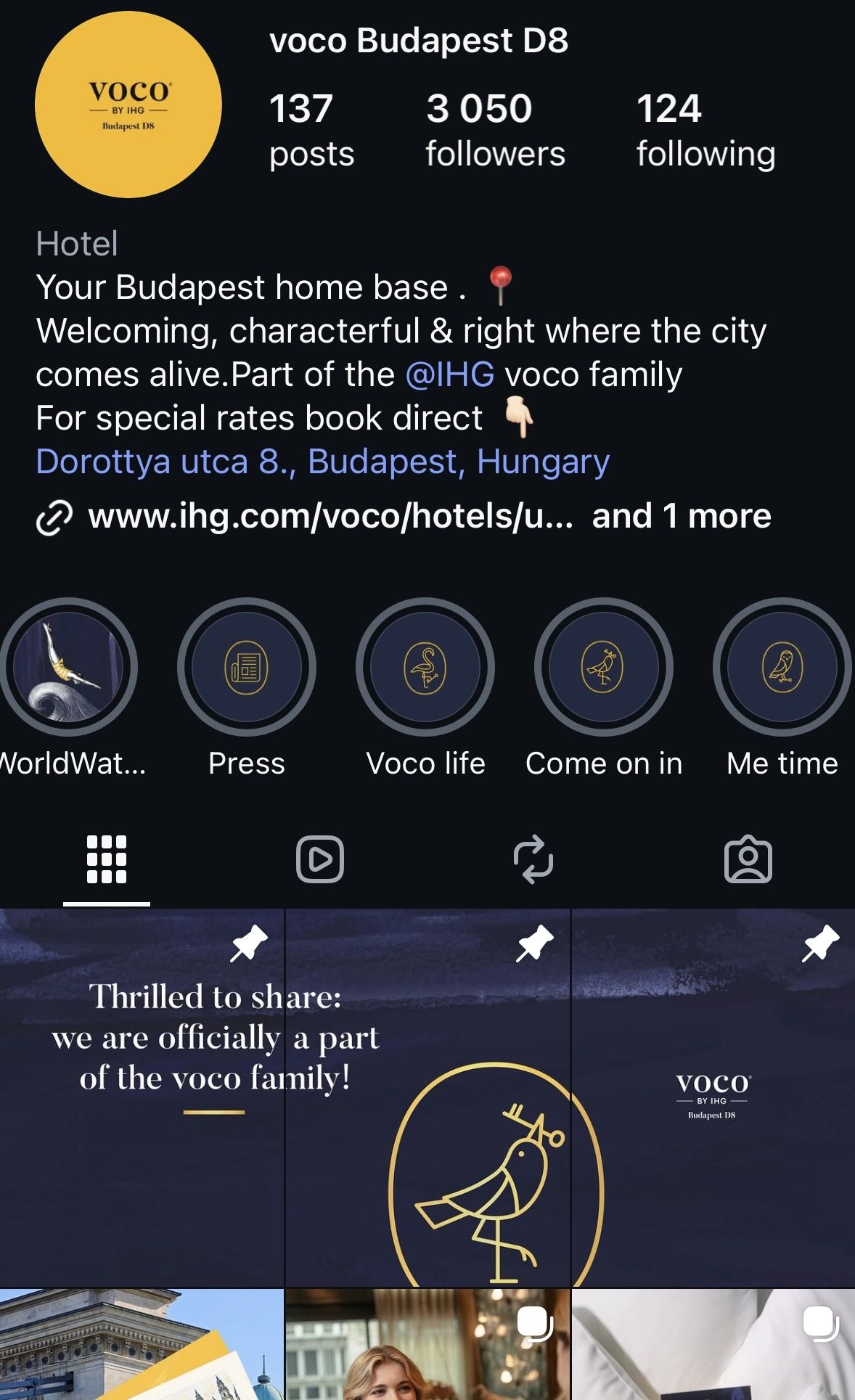 voco Budapest D8 Instagram profile with 3,050 followers